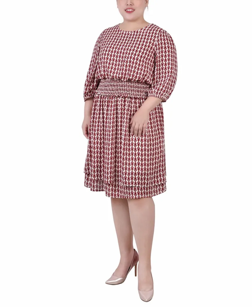 Ny Collection Plus 3/4 Sleeve Dobby Smocked Waist Dress