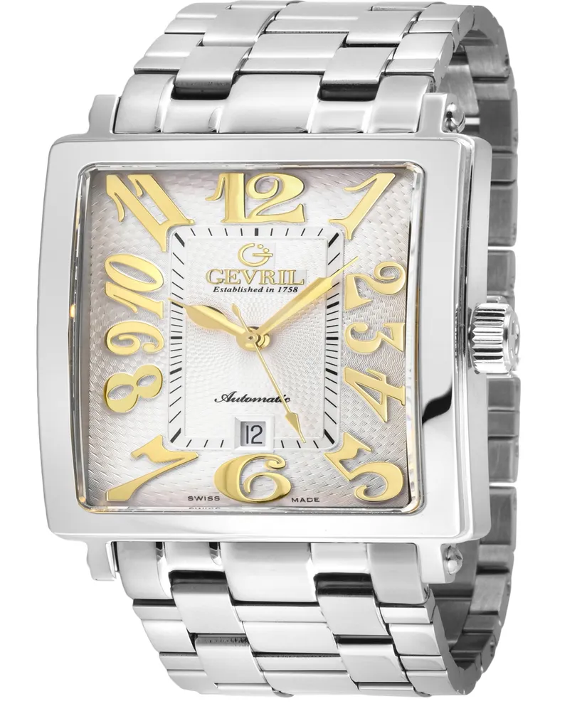 Gevril Men's Avenue of Americas Swiss Automatic Silver-Tone Stainless Steel Bracelet Watch 44mm