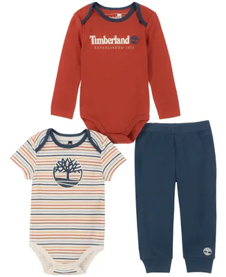Timberland Baby Boys Solid, Stripe Bodysuits and Solid Joggers, 3 Piece Set