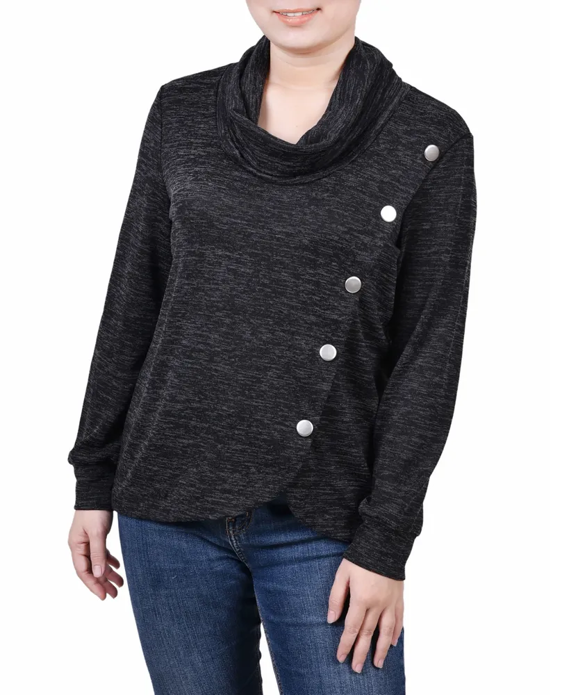 Women's Missy Long Sleeve Overlapping Cowl Neck Top