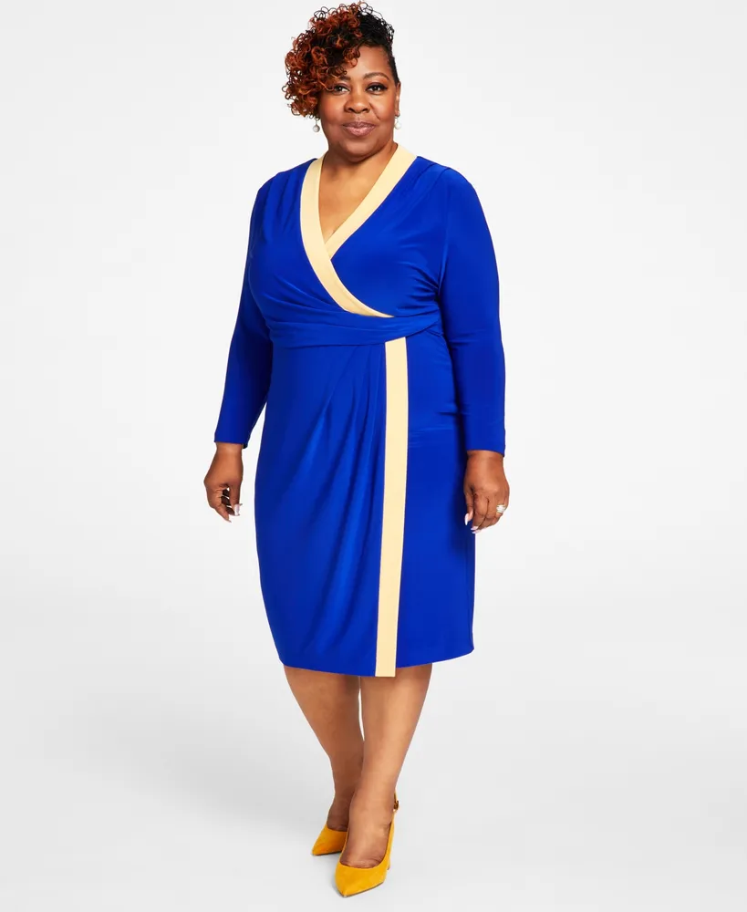 Kasper Plus Size Surplice V-Neck Long-Sleeve Dress