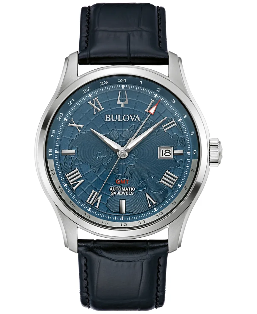 Bulova Men's Automatic Wilton Gmt Leather Strap Watch 43mm