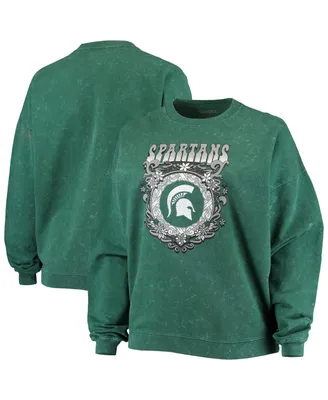 Women's ZooZatz Green Michigan State Spartans Garment Wash Oversized Vintage-Like Pullover Sweatshirt
