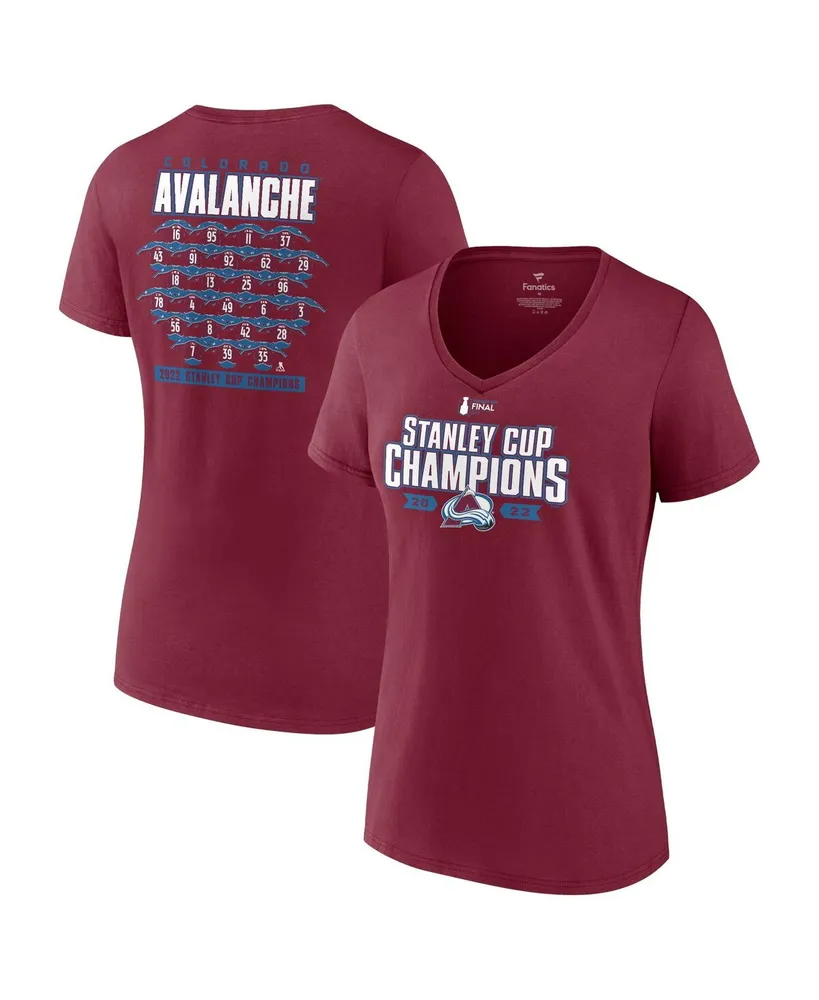 Women's Fanatics Burgundy Colorado Avalanche 2022 Stanley Cup Champions Jersey Roster V-Neck T-shirt