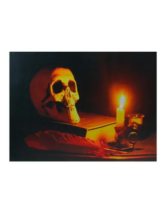 Led Lighted Skull by Flickering Candlelight Halloween Canvas Wall Art, 12" x 15.75"