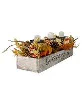 Autumn Harvest Sunflower 3 Piece Candle Holder in a "Grateful" Rustic Wooden Box Centerpiece Set, 30"