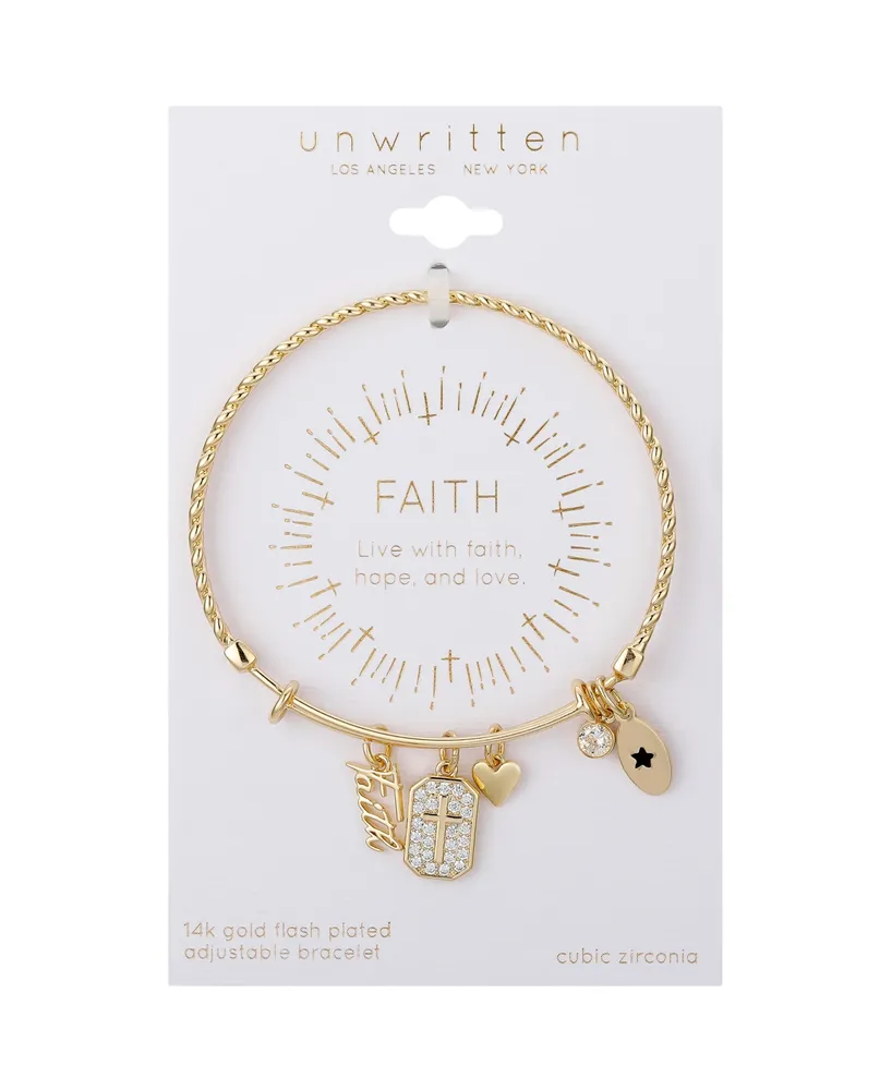 Unwritten Cubic Zirconia Cross "Faith" Charm, Rope Bangle - Gold
