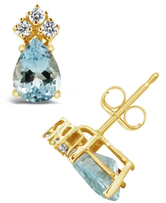 Aquamarine (1-1/5 ct.t.w) and Diamond (1/8 ct.t.w) Stud Earrings in 14K Yellow Gold