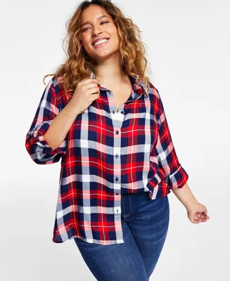 Tommy Hilfiger Plus Size Roll-Tab Plaid Shirt, Created for Macy's
