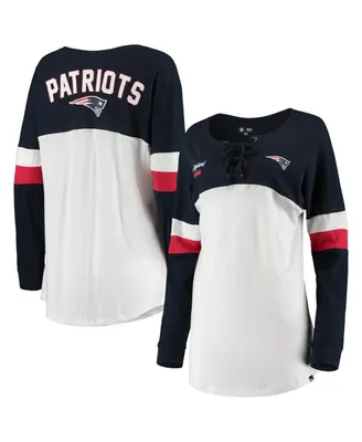 Women's New Era White, Navy New England Patriots Athletic Varsity Lace-Up V-Neck Long Sleeve T-shirt