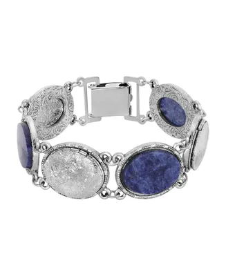 2028 Silver-Tone Oval Blue Semi Precious with Lockets Link Bracelet