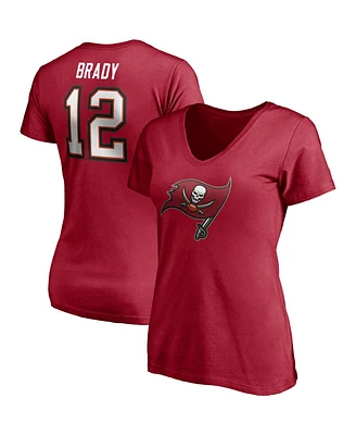 Women's Fanatics Tom Brady Red Tampa Bay Buccaneers Player Icon Name and Number V-Neck T-shirt