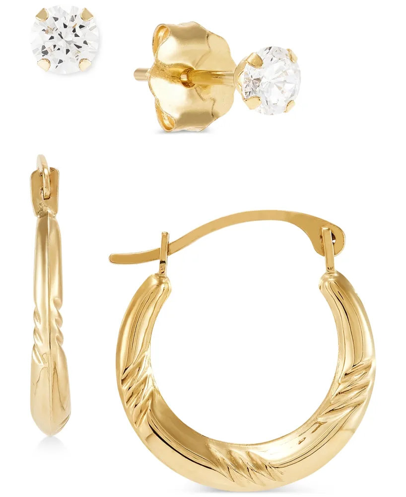 2-Pc. Set Cubic Zirconia Stud & Textured Hoop Earrings in 10k Gold