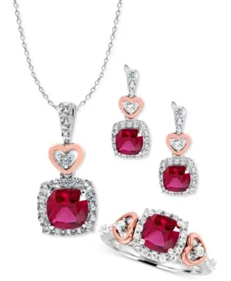 Lab Grown Ruby Lab Grown White Sapphire Heart Two Tone Jewelry Collection In Sterling Silver 14k Rose Gold Plate