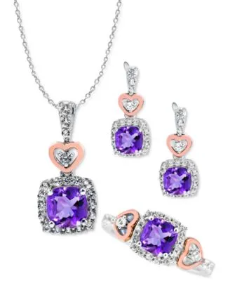Amethyst White Topaz Heart Jewelry Collection In Sterling Silver 14k Rose Gold Plate