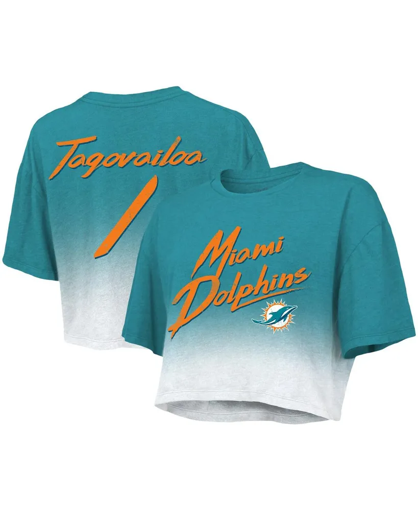 Women's Majestic Threads Tua Tagovailoa Aqua, White Miami Dolphins Drip-Dye Player Name and Number Tri-Blend Crop T-shirt