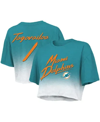 Women's Majestic Threads Tua Tagovailoa Aqua, White Miami Dolphins Drip-Dye Player Name and Number Tri-Blend Crop T-shirt