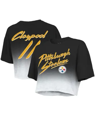 Women's Majestic Threads Chase Claypool Black, White Pittsburgh Steelers Drip-Dye Player Name and Number Tri-Blend Crop T-shirt
