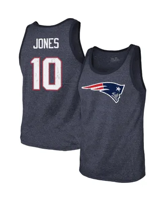 Men's Majestic Threads Mac Jones Heathered Navy New England Patriots Player Name and Number Tri-Blend Tank Top