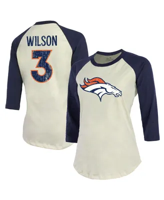 Women's Majestic Threads Russell Wilson Cream, Navy Denver Broncos Name & Number Raglan 3/4 Sleeve T-shirt