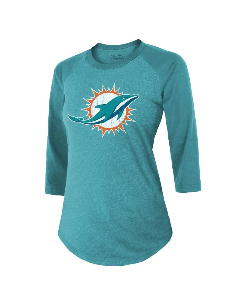 Women's Majestic Threads Tyreek Hill Aqua Miami Dolphins Name & Number Raglan 3/4 Sleeve T-shirt