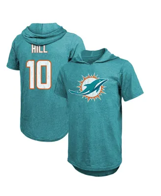 Men's Majestic Threads Tyreek Hill Aqua Miami Dolphins Player Name & Number Short Sleeve Hoodie T-shirt