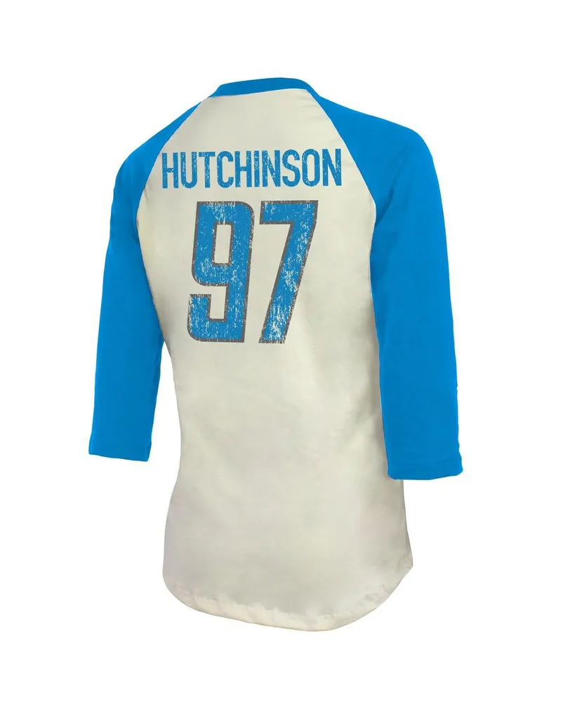 Women's Majestic Threads Aidan Hutchinson Cream, Blue Detroit Lions Name & Number Raglan 3/4 Sleeve T-shirt