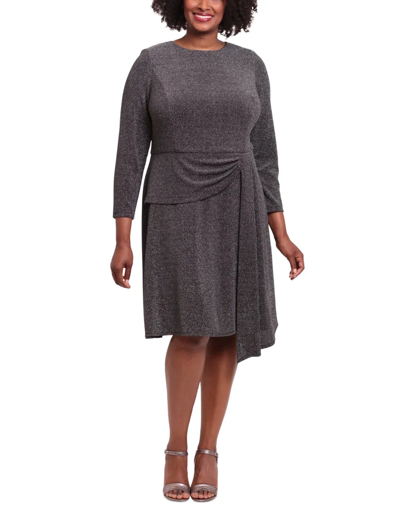 London Times Plus Size Side-Draped Glitter-Knit Dress