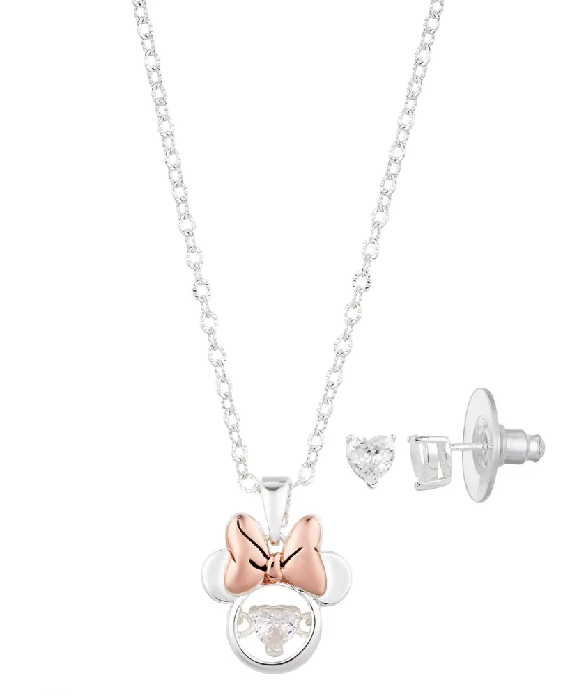 Disney Cubiz Zirconia Minnie Mouse Necklace and Earring (0.43 ct. t.w.) in 14K Gold Flash Plated Set 3 Piece - Rose Gold Two