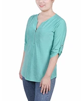 Ny Collection Petite 3/4 Roll Tab Zip Front Jacquard Knit Top