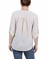 Ny Collection Petite 3/4 Roll Tab Zip Front Jacquard Knit Top