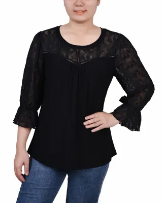 Ny Collection Petite 3/4 Sleeve with Embroidered Mesh Yoke and Sleeves Crepe Top