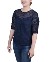 Ny Collection Petite Rouched Sleeve Lace Top