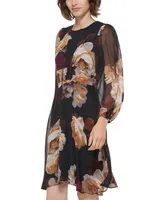 Calvin Klein Women's Floral Chiffon Long-Sleeve Dress