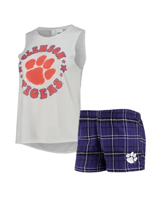 Women's Concepts Sport Purple, White Clemson Tigers Ultimate Flannel Tank Top and Shorts Sleep Set