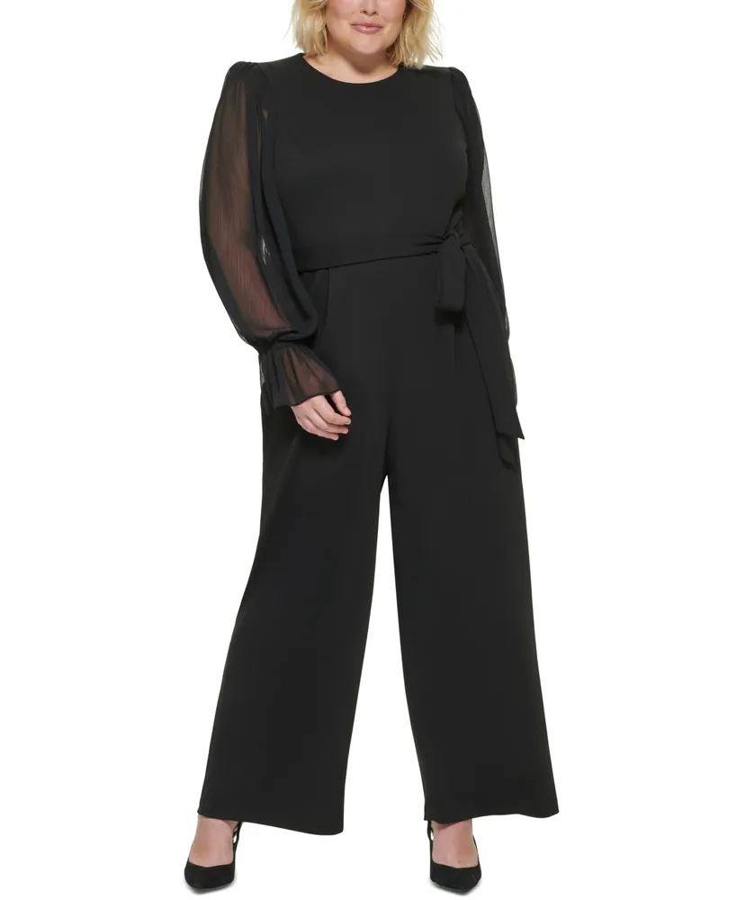 Calvin Klein Plus Size Sheer-Sleeve Wide-Leg Jumpsuit