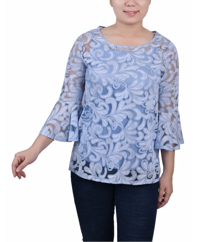 Ny Collection Petite Burnout Bell-Sleeve Top