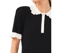 CeCe Women's Cotton Ruffle-Collar Short-Sleeve Top