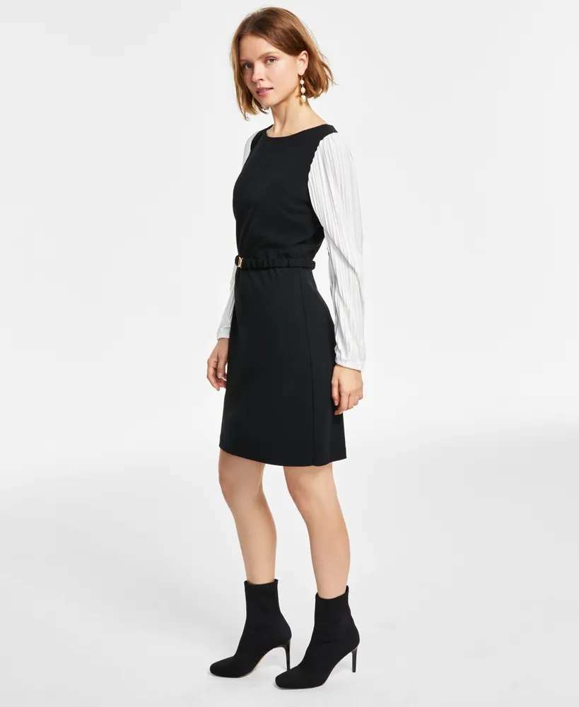 Dkny Pleated-Sleeve Round-Neck Belted Dress