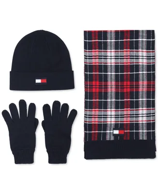 Tommy Hilfiger Men's Plaid Scarf, Logo Beanie & Gloves Set