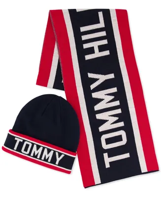 Tommy Hilfiger Men's Racing Stripe Scarf, Logo Cuff Hat & Gloves Set