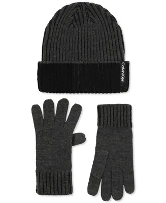Calvin Klein Men's Double-Wide Ribbed Fisherman's Hat & Gloves Set