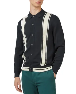 Ben Sherman Men's Varsity-Inspired Knitted Button-Front Long-Sleeve Shirt