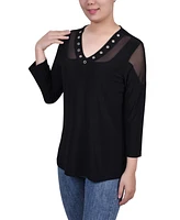 Ny Collection Women's Long Sleeve Top with Mesh Insets