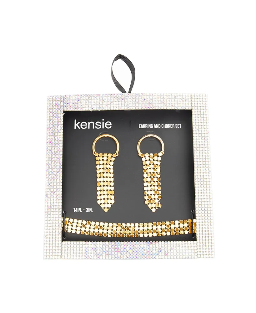 kensie Boxed Hoop and Chain Mail Fringe Dangle Post Earrings with Chain Mail Choker Necklace Set, 2 Piece
