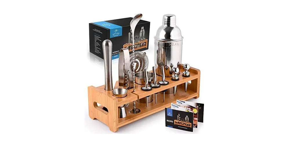 24 Piece Professional Stainless Steel Bartender Set with Bamboo Stand