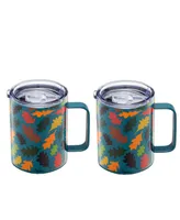 Cambridge Teal Falling Leaves Insulated Coffee Mugs, Set of 2