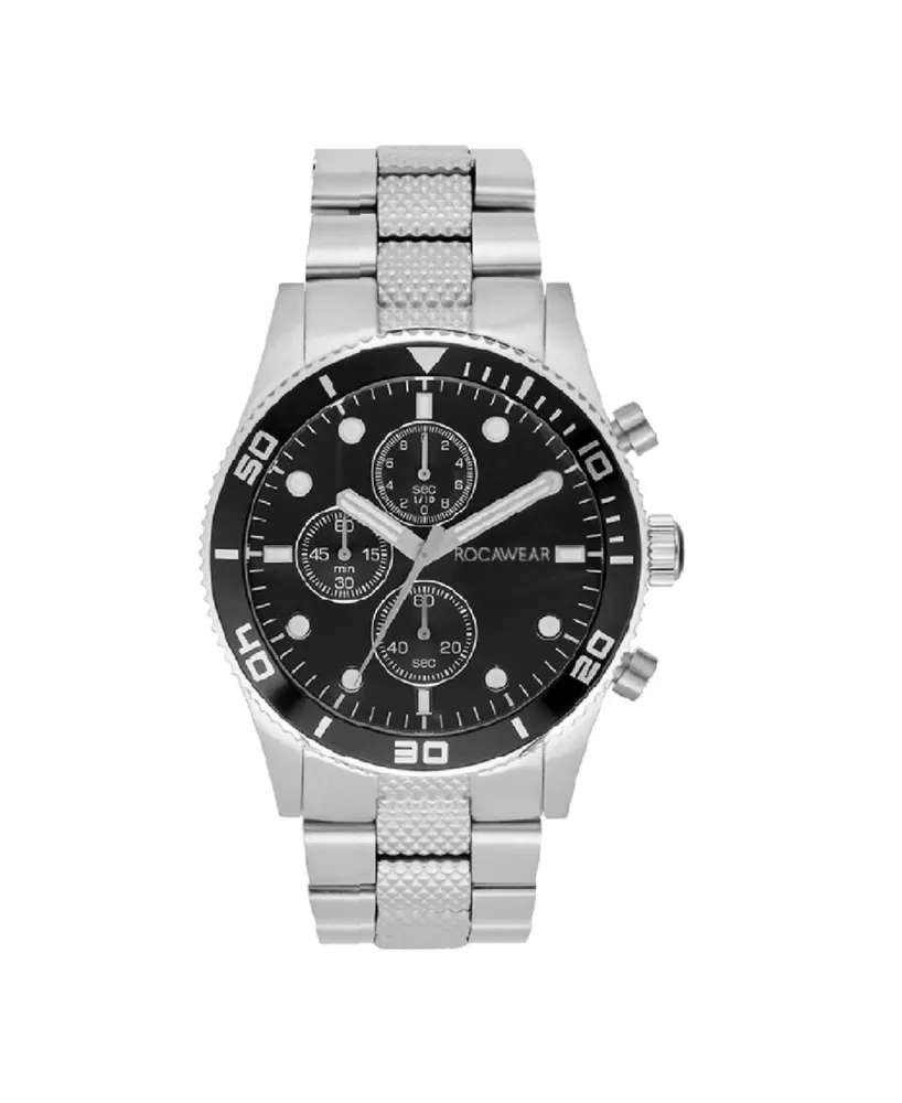 Rocawear Men's Shiny Silver-Tone Metal Bracelet Watch 46.5mm - Black Sunray, Shiny Silver