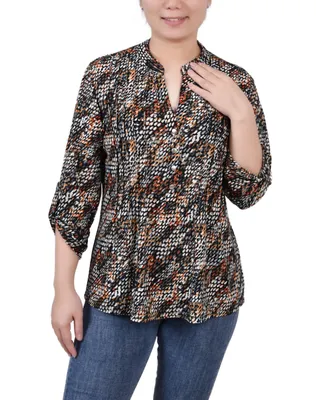 Ny Collection Petite 3/4 Roll Tab Sleeve Printed Pintuck Top