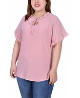 Ny Collection Plus Size Short Ruffled Sleeve Crepe Knit Top with Chiffon Sleeves